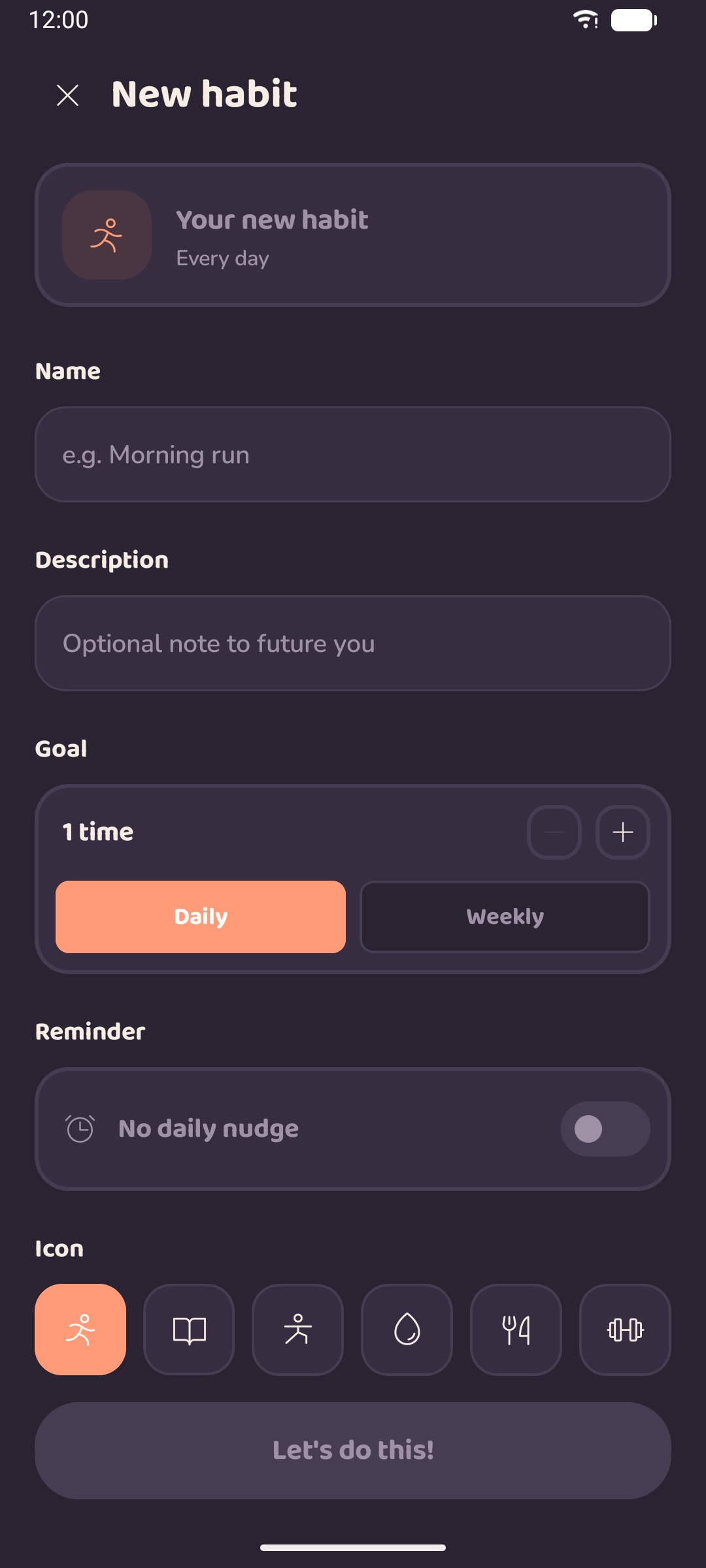 Creating a new habit with a goal, reminder and icon