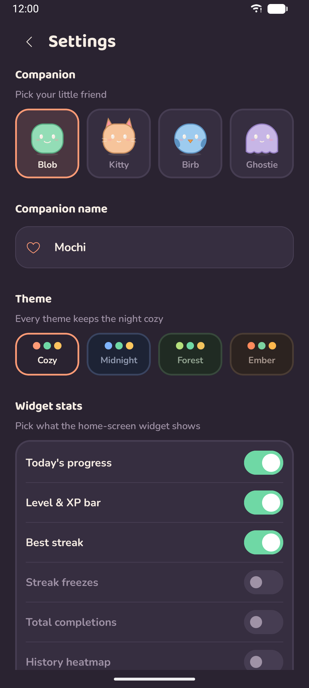 Choosing a companion character and theme in Settings