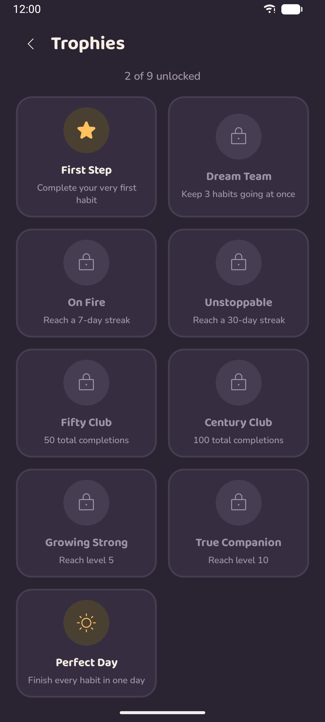 The trophies screen showing unlocked achievements